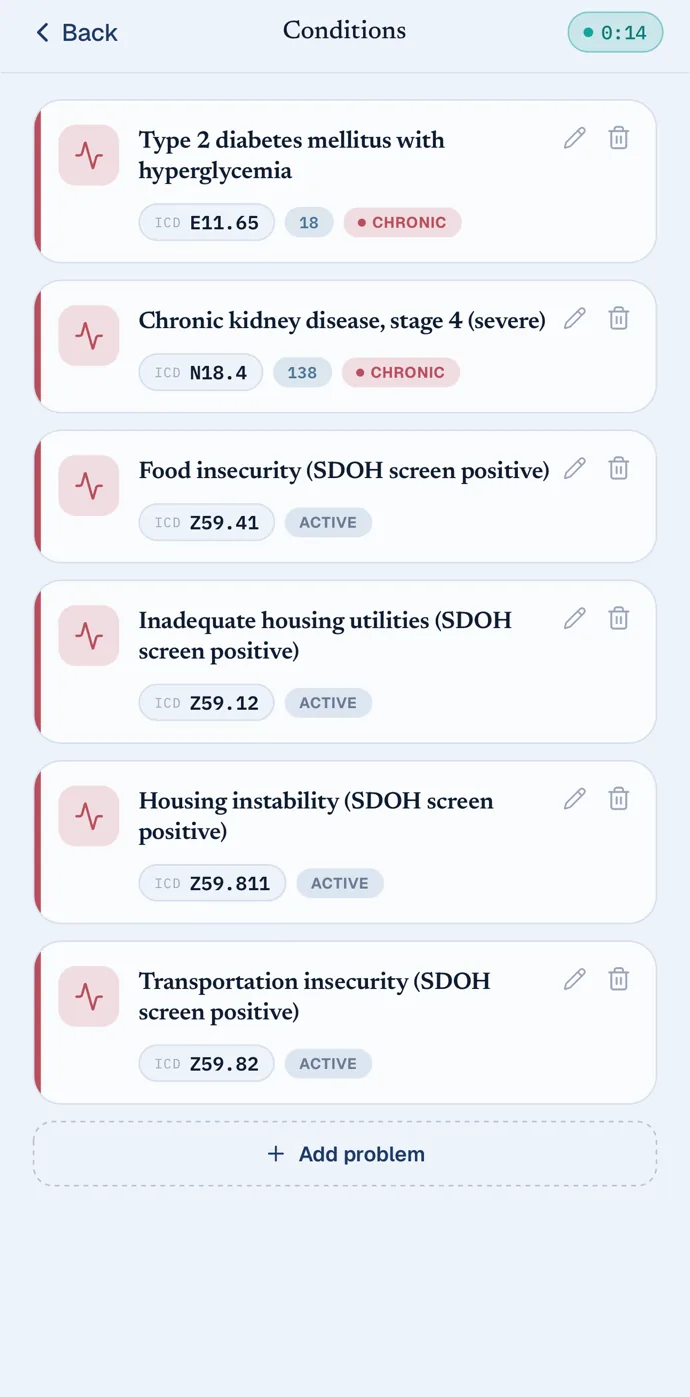 willowbridge care: the patient's conditions with ICD-10 codes, editable on the phone