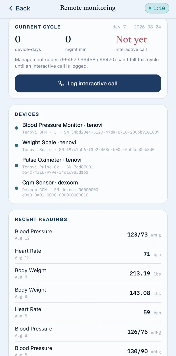 willowbridge care: the remote monitoring section with the current cycle, devices and recent readings