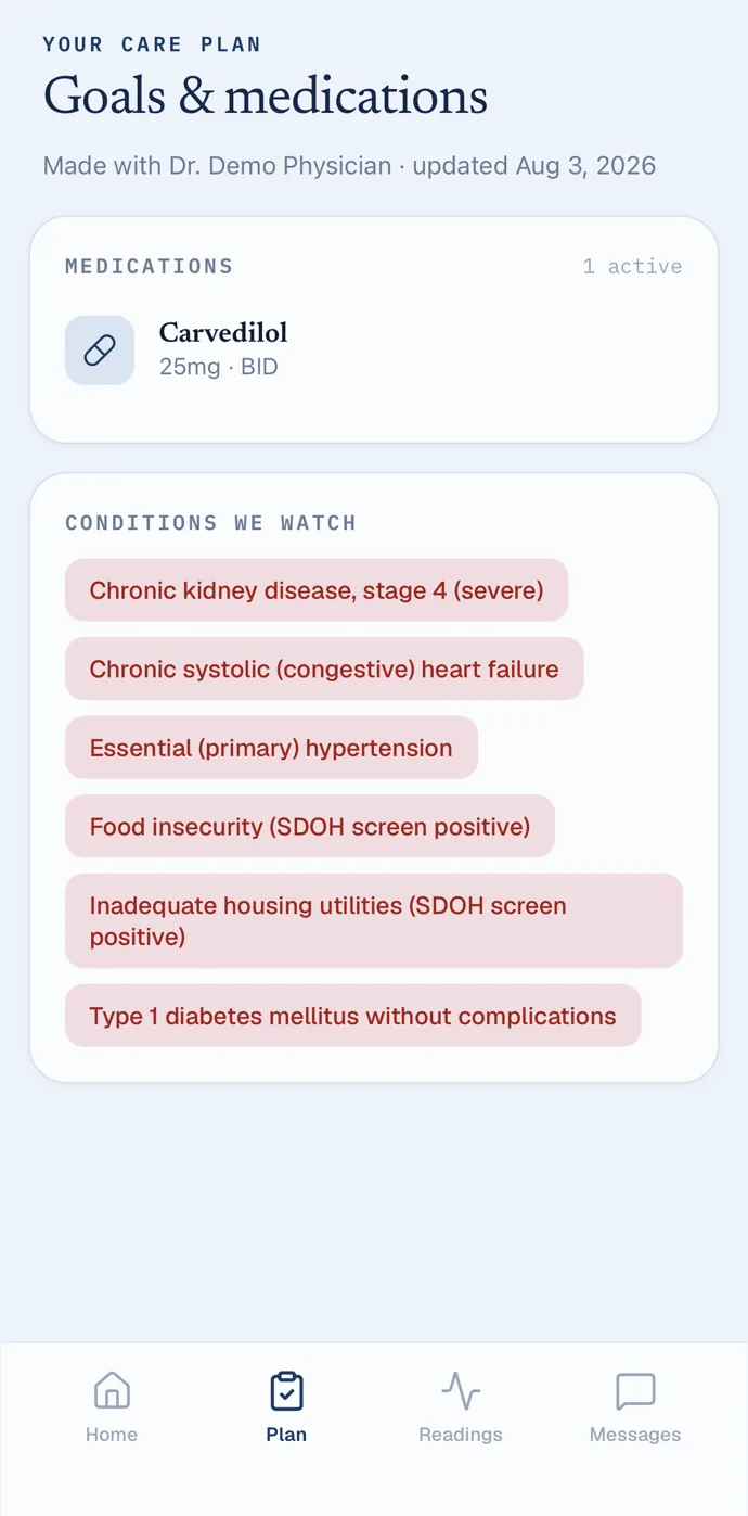 The willowbridge patient app's care plan: medications and the conditions the care team watches