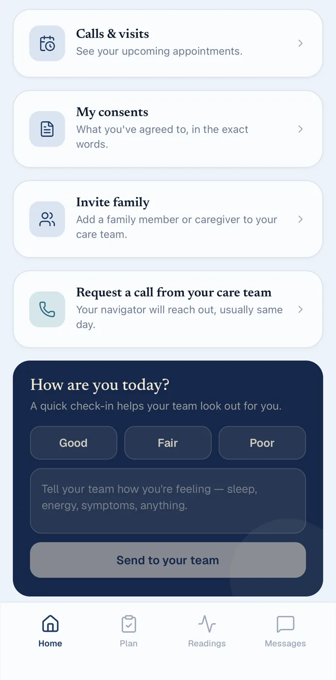 The willowbridge patient app's home screen: calls and visits, consents, invite family, request a call, and the How are you today check-in