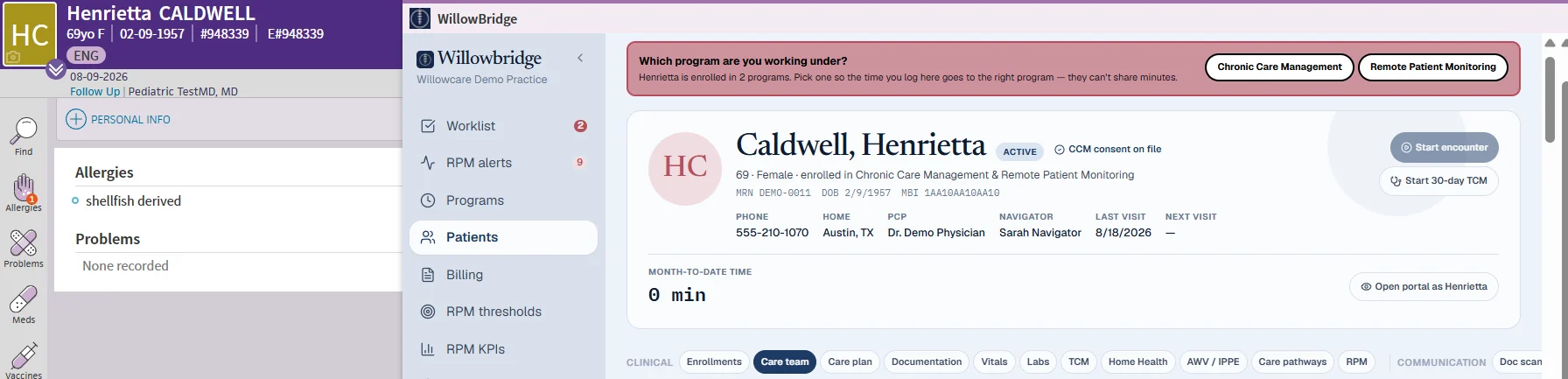 willowbridge open inside a patient's chart in athenaOne: the patient banner, the program picker, the month-to-date time and the Start encounter button